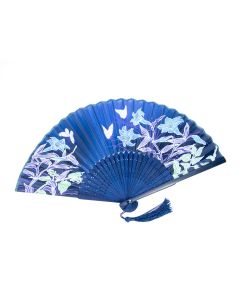 Vejár z bambusu, so strapcom „modré kvety“, modrý
