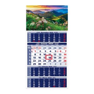 Nástenný kalendár štvormesačný, na rok 2024, „Štandard“, T04, mix motívov, 29,5 x 66,3 cm, modrý