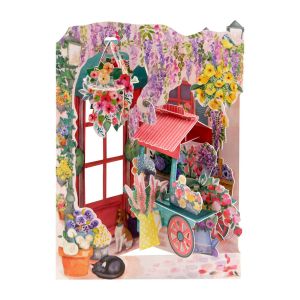 Originálne hojdacie 3D blahoželanie Santoro „vozík s kvetmi“, 15 x 20 x 1 cm