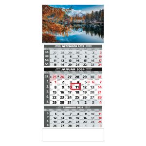 Nástenný kalendár trojmesačný, na rok 2024, „Štandard“, T01, mix motívov, 29,5 x 66,3 cm, sivý