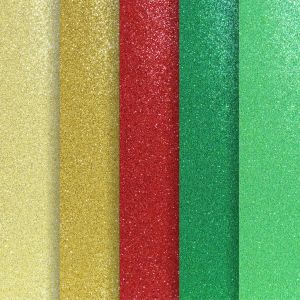 Farebný papier trblietavý, A4, 210 g, 5 hárkov, mix farieb (červená, zlatá, zelená)
