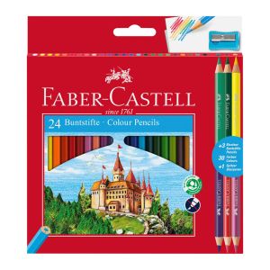 Farbičky Faber-Castell, šesťhranné (24ks) + obojstranné (3 ks) + strúhadlo