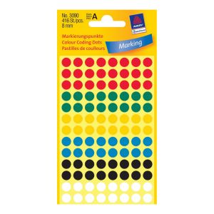 Etikety Avery, 8 mm, guľaté, mix farieb, 416 etikiet v balení