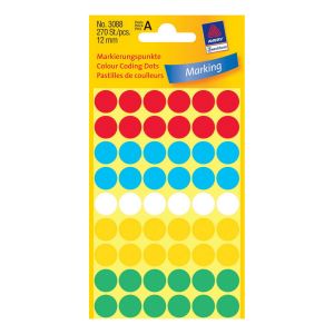 Etikety Avery, 12 mm, guľaté, mix farieb, 270 etikiet v balení