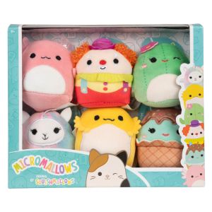 Plyšové hračky SQUISHMALLOWS 2,5“ Micromallows, 6 ks – axolotl, klaun, lamorožec, kaktus, agama, zmrzlina