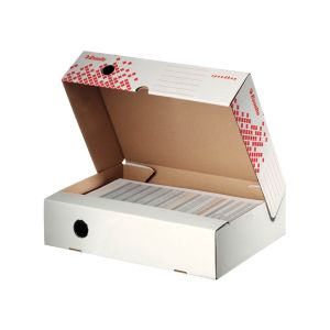 Rýchlo zložiteľná archivačná krabica Esselte Speedbox, horizontálna, 35 x 25 x 8 cm, bielo-červená
