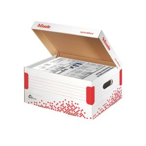 Rýchlo zložiteľná archivačná krabica Esselte Speedbox, s vekom, veľkosť S, 35,5 x 19,3 x 25,2 cm, bielo-červená