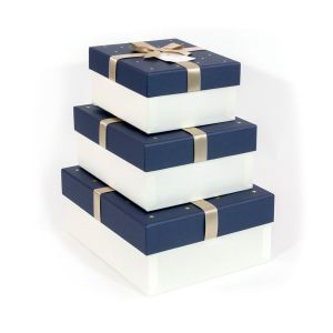 Darčekové krabice, modro-béžové s béžovou mašľou, 3ks