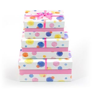Darčekové krabice „farebné kruhy“, biele s ružovou mašľou, 3ks
