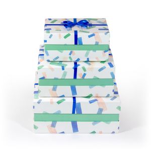 Darčekové krabice „geometrické tvary“, biele s modrou mašľou, 3ks