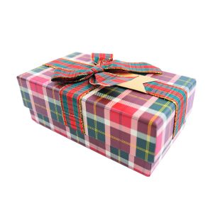 Darčeková krabica, 15,5 x 9 x 6 cm, červeno-zelená s kockovanou mašľou
