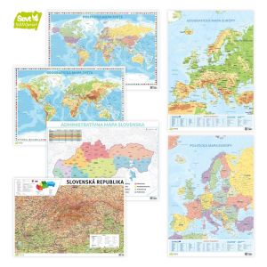 Súprava 6 máp na premiestniteľných samolepkách ŠEVT NANO print (politická + geografická mapa sveta, Európy, Slovenska), A0