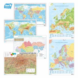 Súprava 6 máp na premiestniteľných magnetických fóliách ŠEVT MAGNET (politická + geografická mapa sveta, Európy, Slovenska), A0