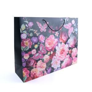 Darčeková taška XL, „kvety“, 44 x 59 x 17 cm, papierová, čierna