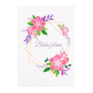 Originálne „handmade“ blahoželanie „Blahoželáme – ružové kvety“, 13 x 18 cm